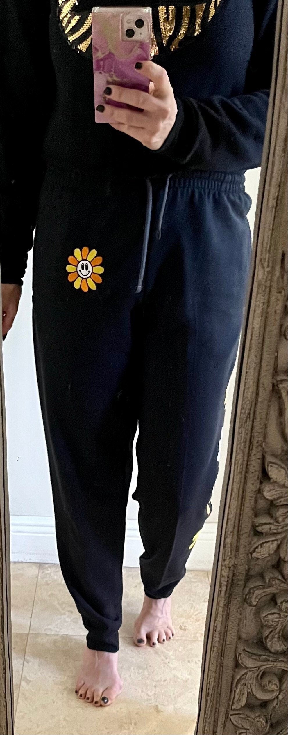 Retro Flower Joggers , Smiling Flowers Sweatpants with pockets