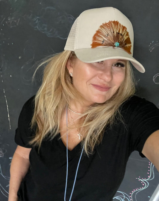 Feather Trucker Hat, Feather Front Trucker Hat. Country Music Hat