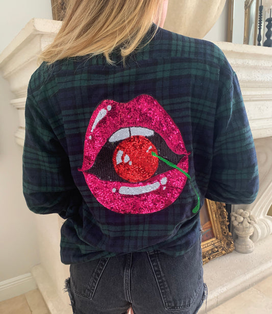 Vintage Flannel Cherry Lips Shirt