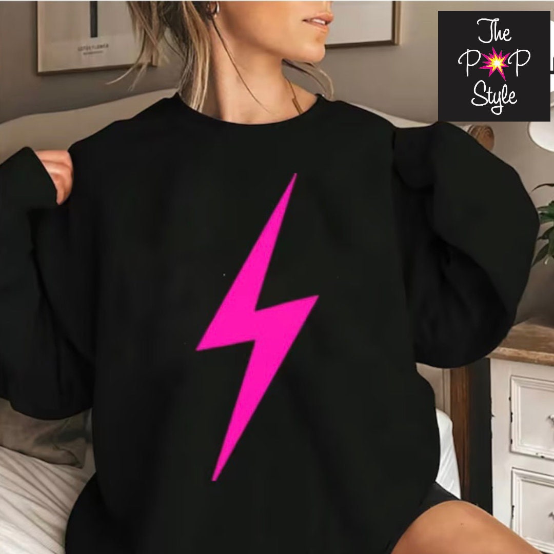 Youth Kids Lightening Bolt Sweatshirt, Black with pink lightening bolt T Shirt. Lightning Bolt Shirt