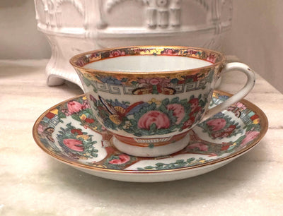 Rose Canton Double Happiness Cup and Saucer Porcelain Asian famille Verte Hand Painted Vintage Chinoserie Chinese Butterfly Candling Cup