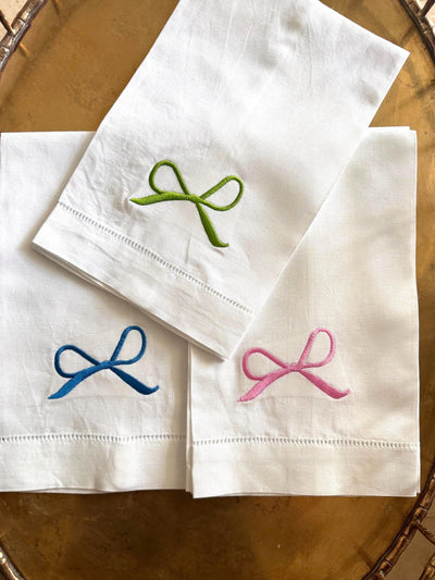 Bow Embroidered linen Hand Towels Pink Bow Towel Blue Bow Towel