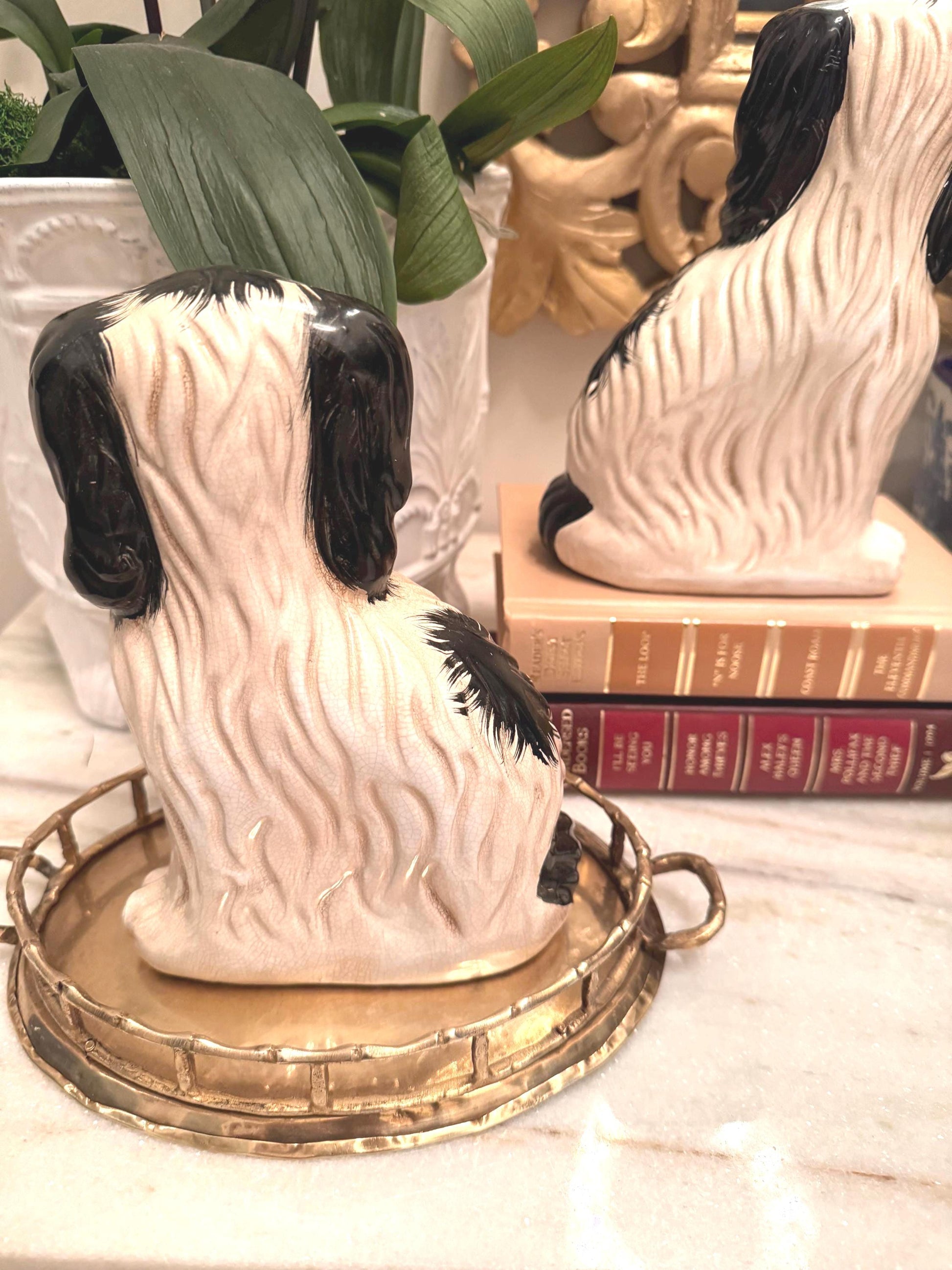 Staffordshire Dogs Pair Hand with Flowers Painted Unique Vintage Chinoserie Decorative Dogs RARE