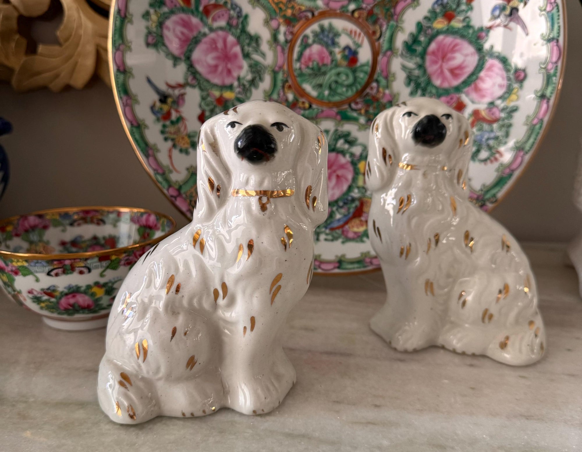 Staffordshire Ware Dogs Pair Made in England Hand Painted Vintage Chinoserie Decorative Dogs