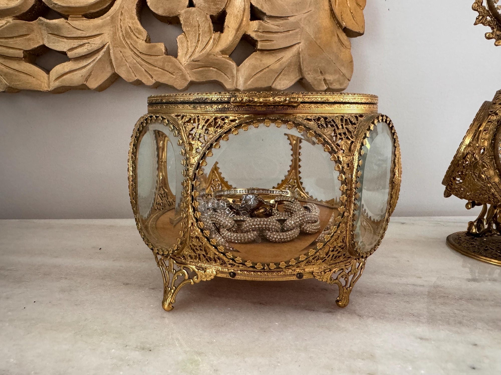 Matson Ormolu Jewelry Box Gold Filagree Crystal Vanity Box Jewel Box Casket Box