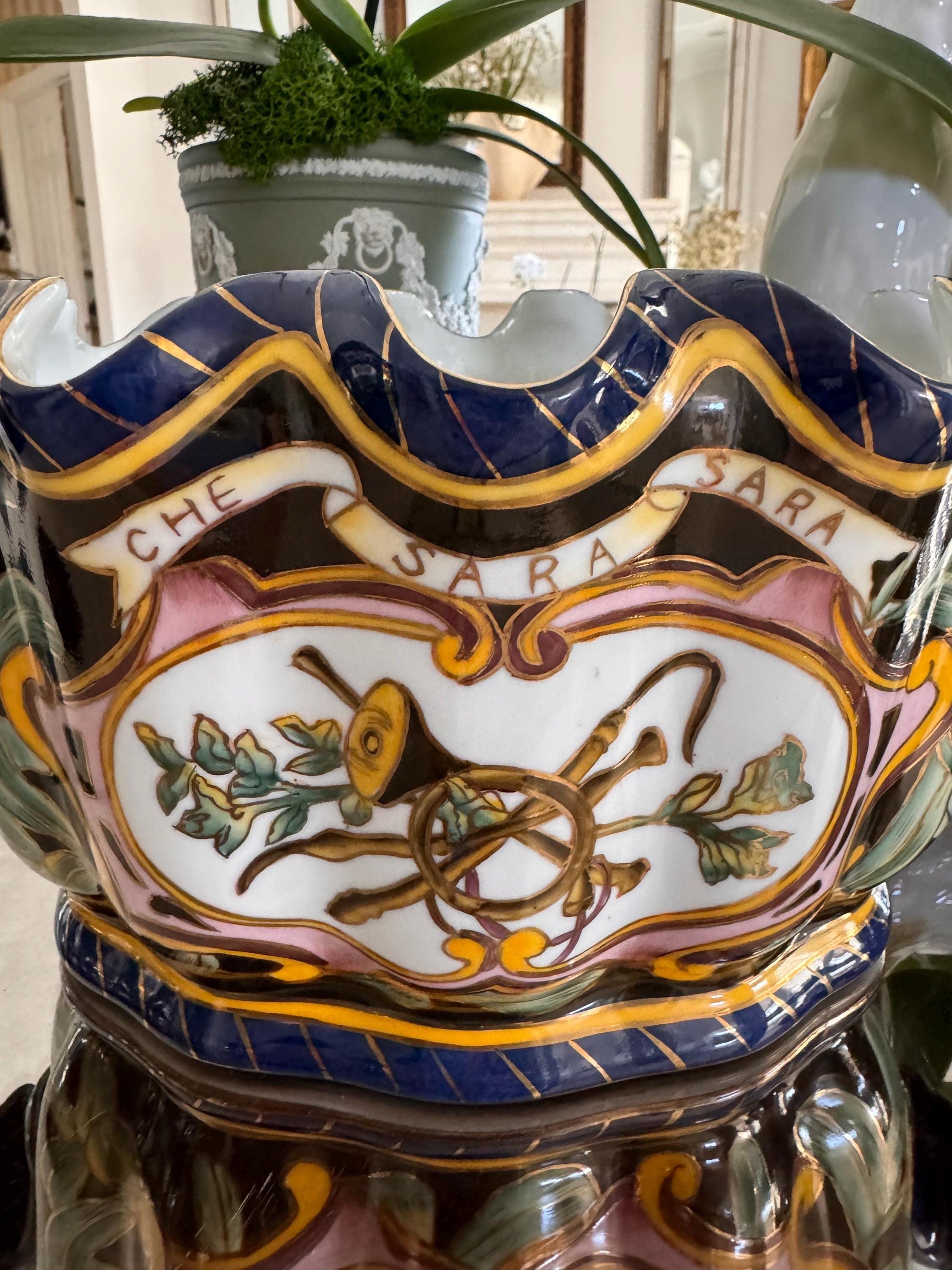 Equestrian Orchid Planter Vintage Navy Blue Floral vase Planter Rare Collectible Gold Blue Footbath Chinoserie Planter