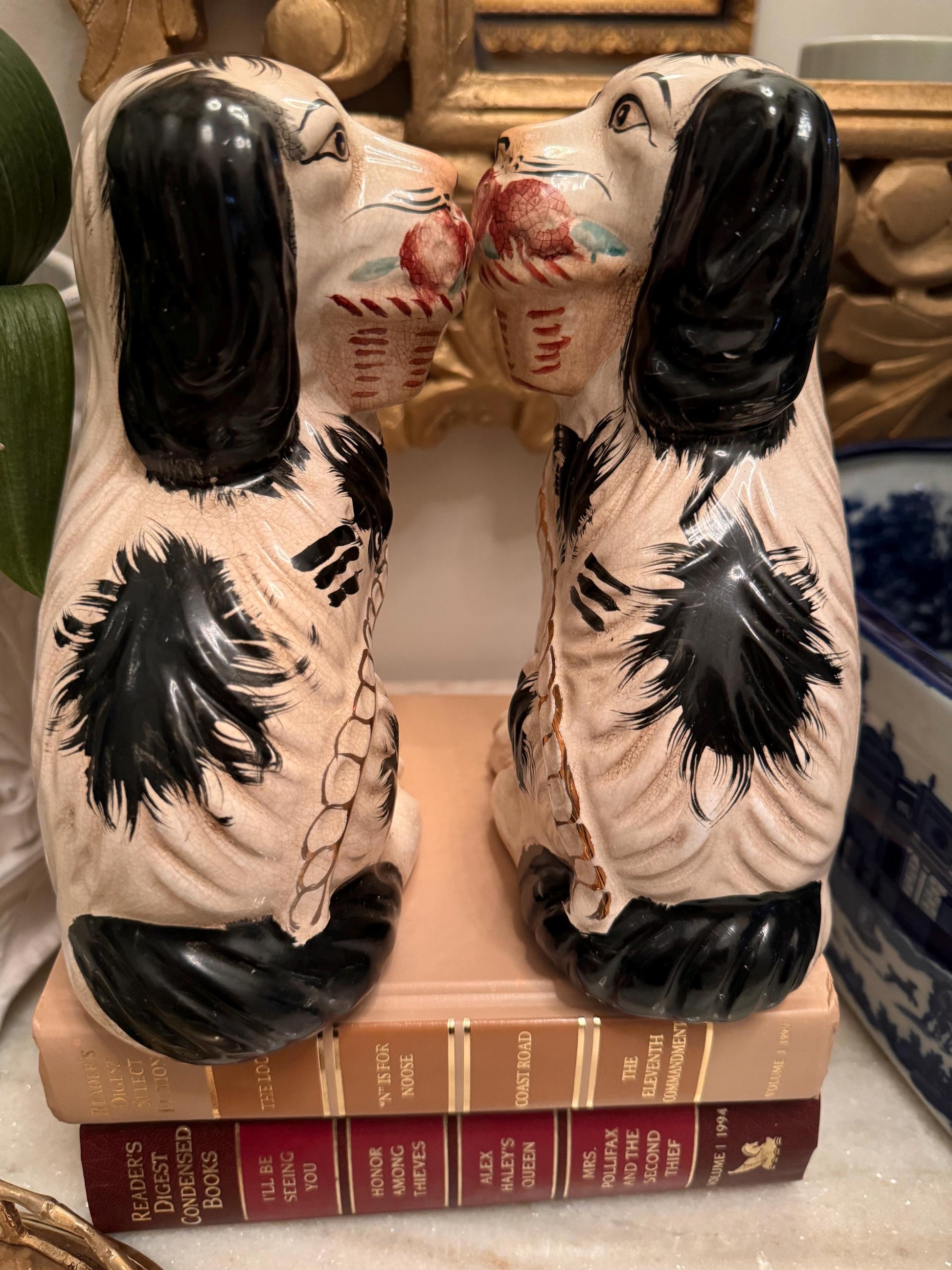 Staffordshire Dogs Pair Hand with Flowers Painted Unique Vintage Chinoserie Decorative Dogs RARE