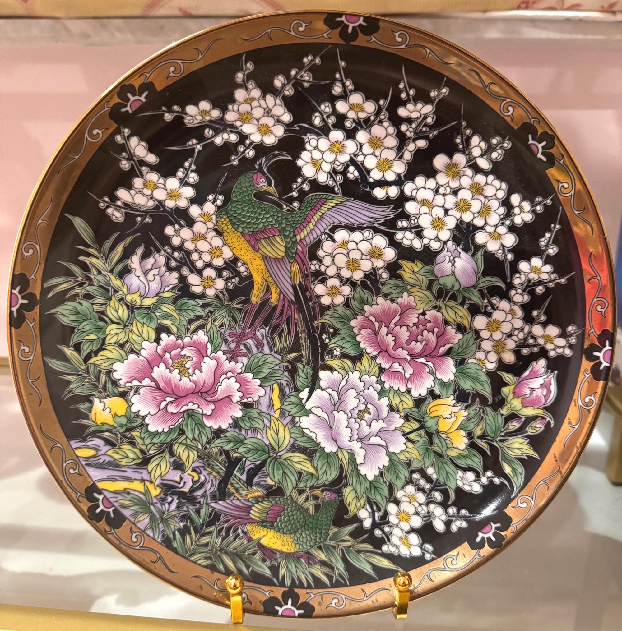 Japanese Floral Phoenix Plate Pink Lavender Black Floral Vintage Chinoiserie Chinese Butterfly Plate Wall Plates