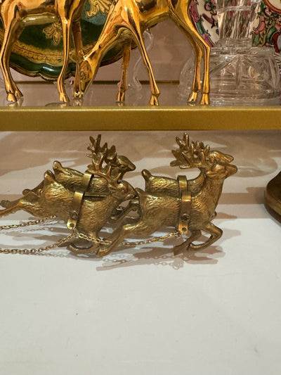 Santa Reindeer Sleigh Brass Christmas Decoration Vintage