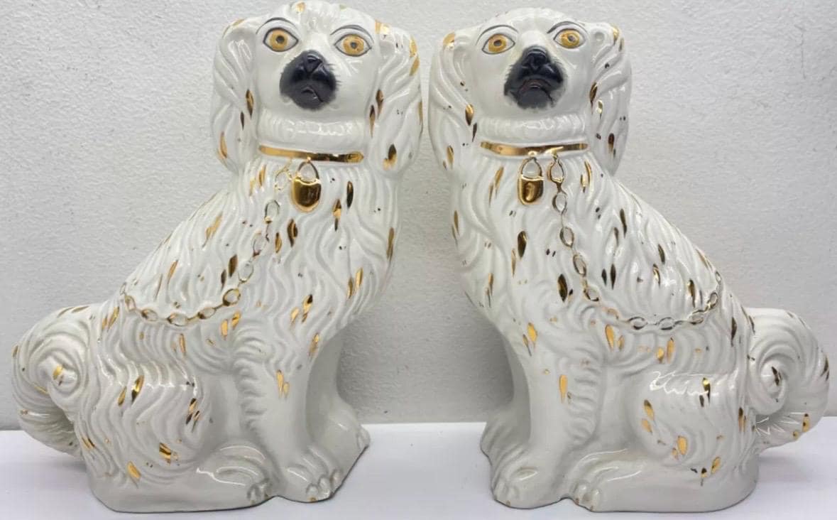 Staffordshire WARE Dogs Pair Made in England Hand Painted and Stamped Kent England Large 9 inch Vintage Chinoserie Decorative Dogs RARE