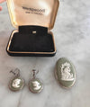 Wedgwood Pin and earring set sage green Jasperware made in England Sterling Silver with Box Greek Godess and Hunter