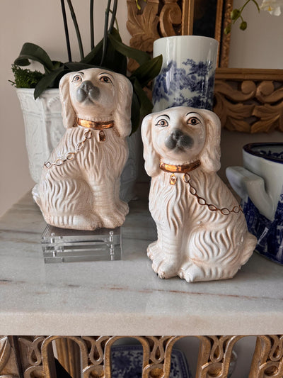 Staffordshire Dogs Pair Hand Painted White and Gold Chinoserie Decorative Dogs RARE