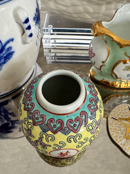 Yellow Temple Jar Asian Lidded Jar Petite Aqua Yellow jar Chinoserie Jar. Chinese Famille Yellow Dynasty Ginger Jar Jingdezhen Mun Shou