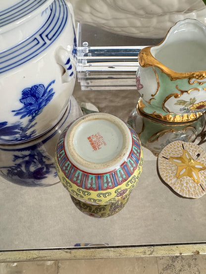 Yellow Temple Jar Asian Lidded Jar Petite Aqua Yellow jar Chinoserie Jar. Chinese Famille Yellow Dynasty Ginger Jar Jingdezhen Mun Shou
