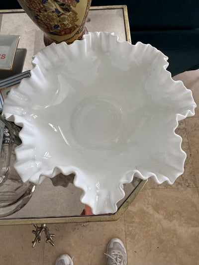 white Fenton glass serving bowl large white glass bowl with lettuce edge