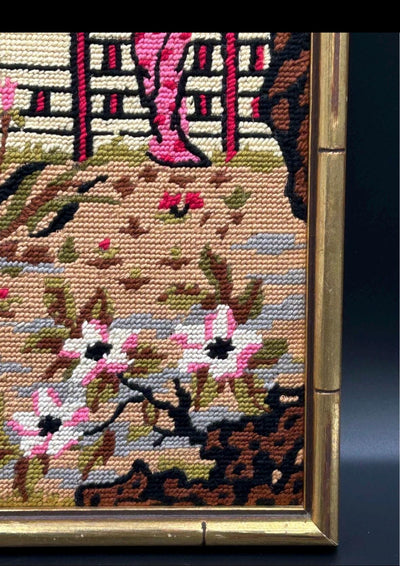 Geisha Girl French Framed Needlepoint Vintage Bamboo Framed Needlepoint