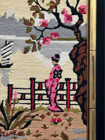 Geisha Girl French Framed Needlepoint Vintage Bamboo Framed Needlepoint