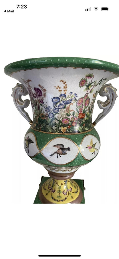 Wong Lee Vase Ormalu Feet Flowers and Birds Emerald Green Porcelain Vase Urn Chinese Import