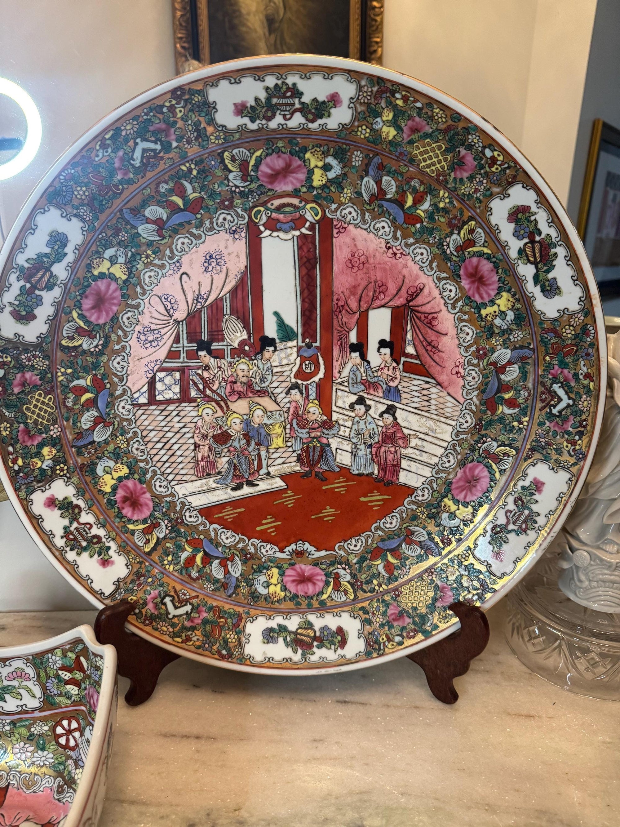 rose medallion large platter statement piece 
very collectible and rare rose famille plate