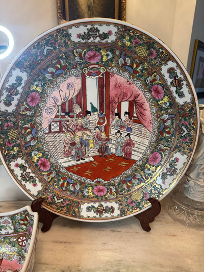 rose medallion large platter statement piece 
very collectible and rare rose famille plate