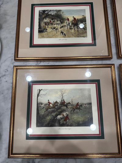 George Wright Set of 4 Lithographs Hand Painted Meet at Crossroads series Hunt Hound Scenes Excellent vintage framed prints