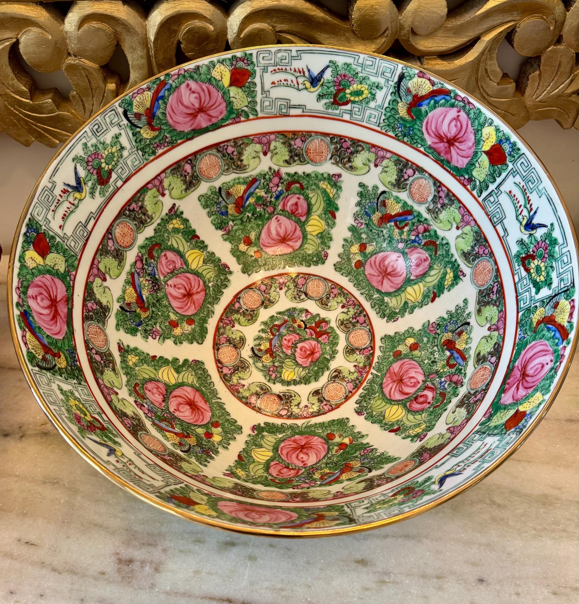 Rose Canton Porcelain Bowl Asian famille Verte Hand Painted Vintage Chinoserie Chinese Butterfly Decorative Large Bowl