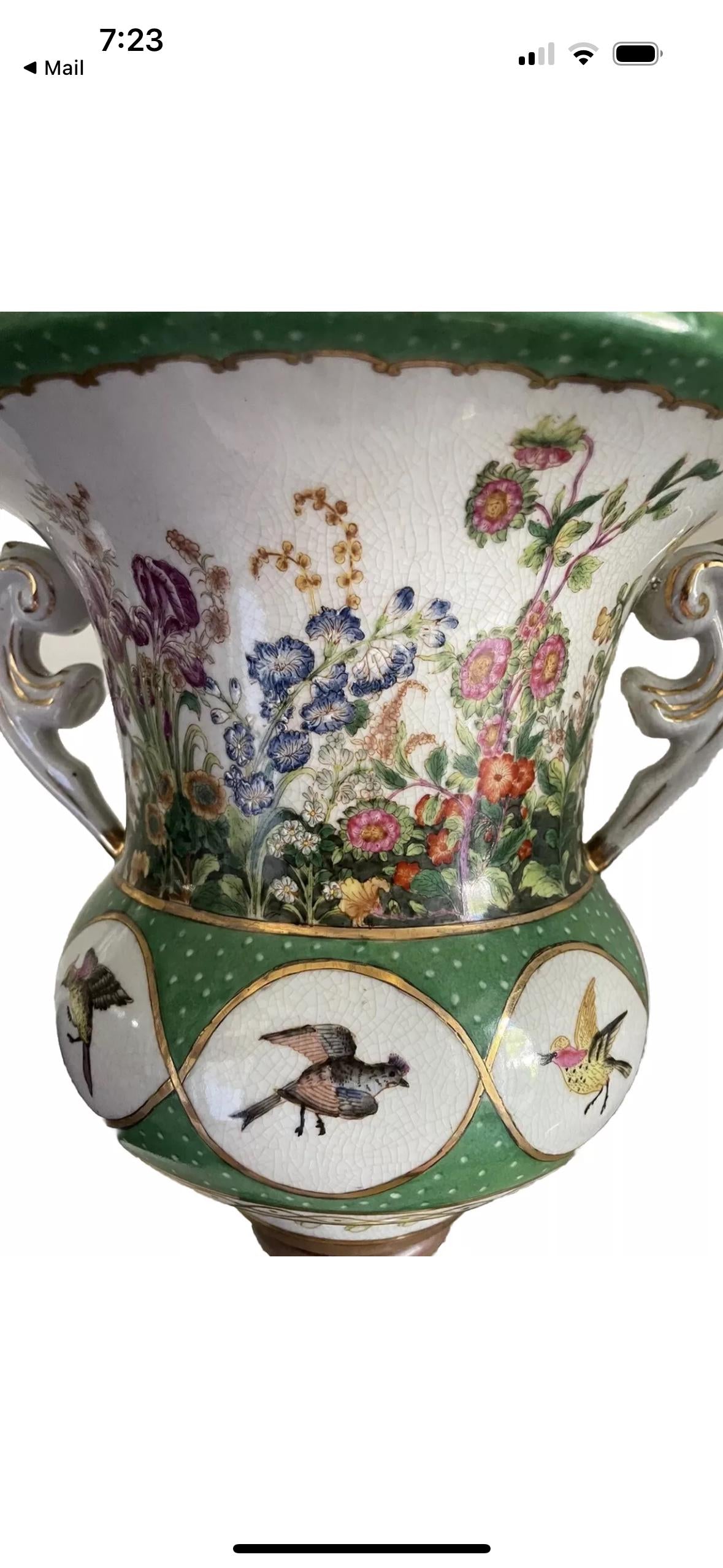 Wong Lee Vase Ormalu Feet Flowers and Birds Emerald Green Porcelain Vase Urn Chinese Import