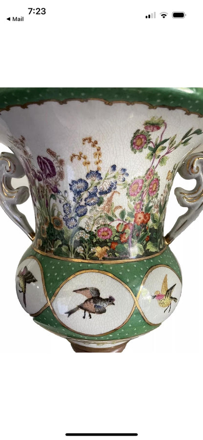 Wong Lee Vase Ormalu Feet Flowers and Birds Emerald Green Porcelain Vase Urn Chinese Import