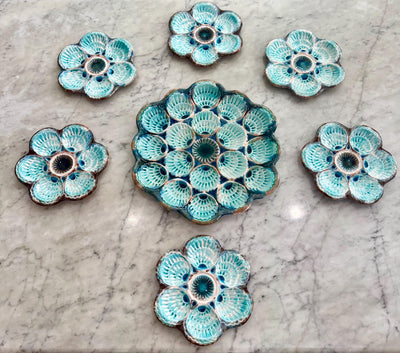 French Majolica Oyster Set of 7 plates Instant oyster Plate Wall Turquoise Oyster Plate Set