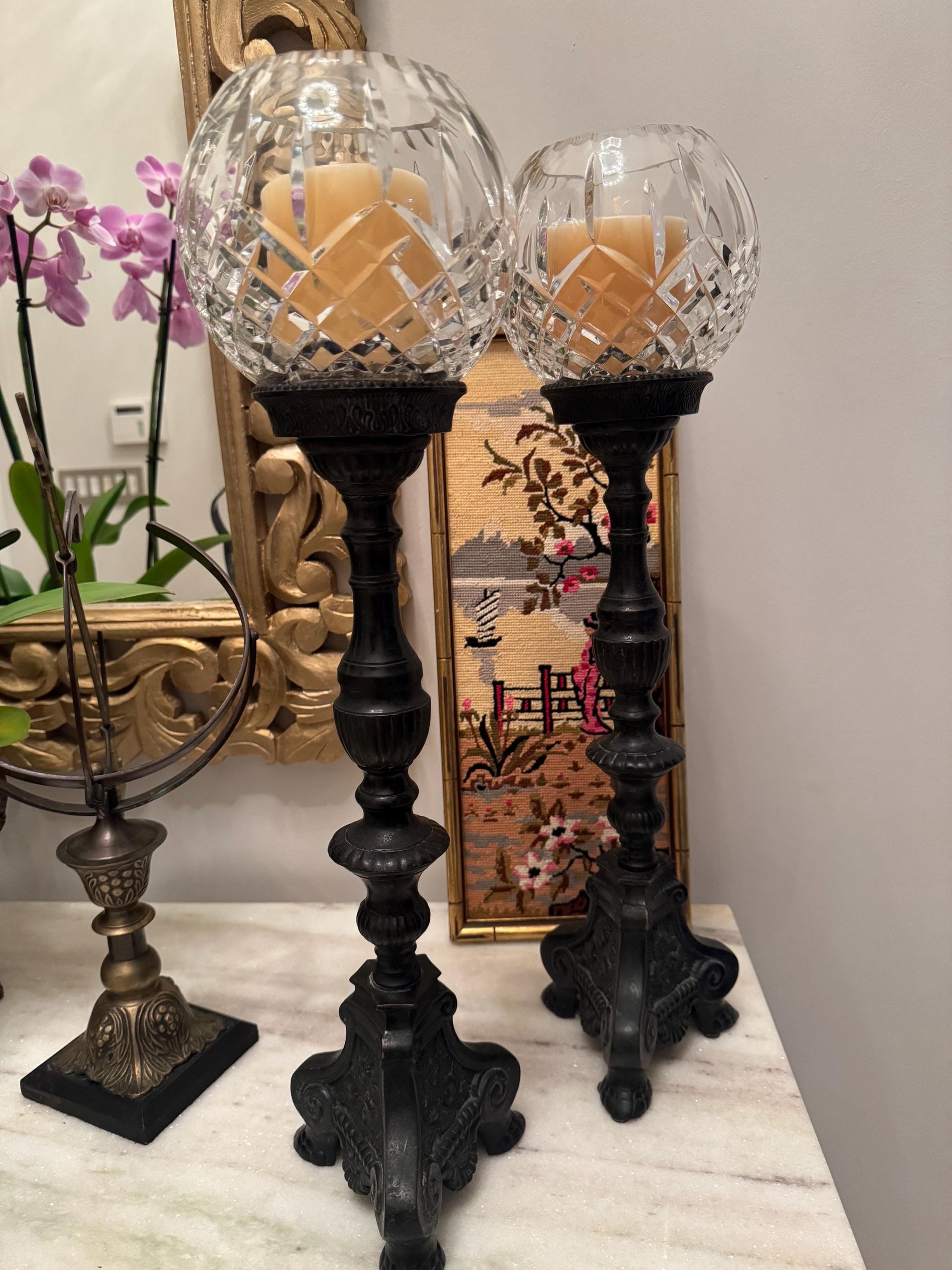 Castilian import candlesticks crystal bowl top with black iron base angels