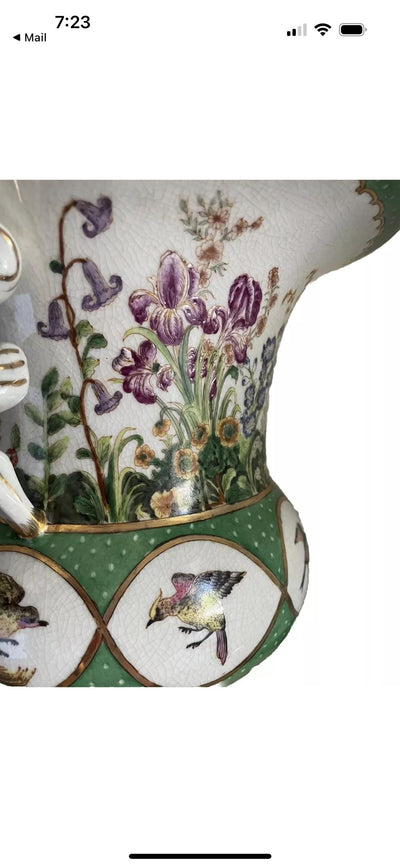 JUWC Vase Urn Green Floral Bird Base Ormolu Feet Wong Lee Urn Vase Vintage JUWC 1895