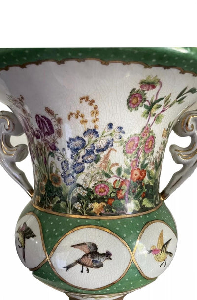 JUWC Vase Urn Green Floral Bird Base Ormolu Feet Wong Lee Urn Vase Vintage JUWC 1895