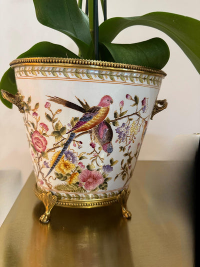 Porcelain Cache Pot planter Filagre Gold Ormolu Planter Floral Birds Design Orchid Flower Pot Vintage designed White Floral flower vase pot