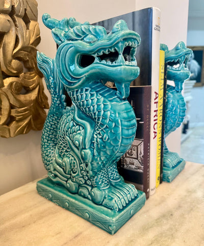 Dragon Figures Book Ends pair of ceramic MCM Dragons Turquoise Dragons