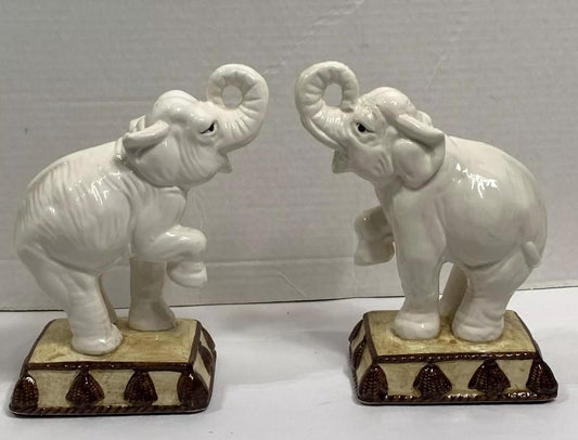 Elephant Bookends Fitz And Floyd White Elephant Book end Elephant Figures MCM Hollywood Regency Trunk up elephants