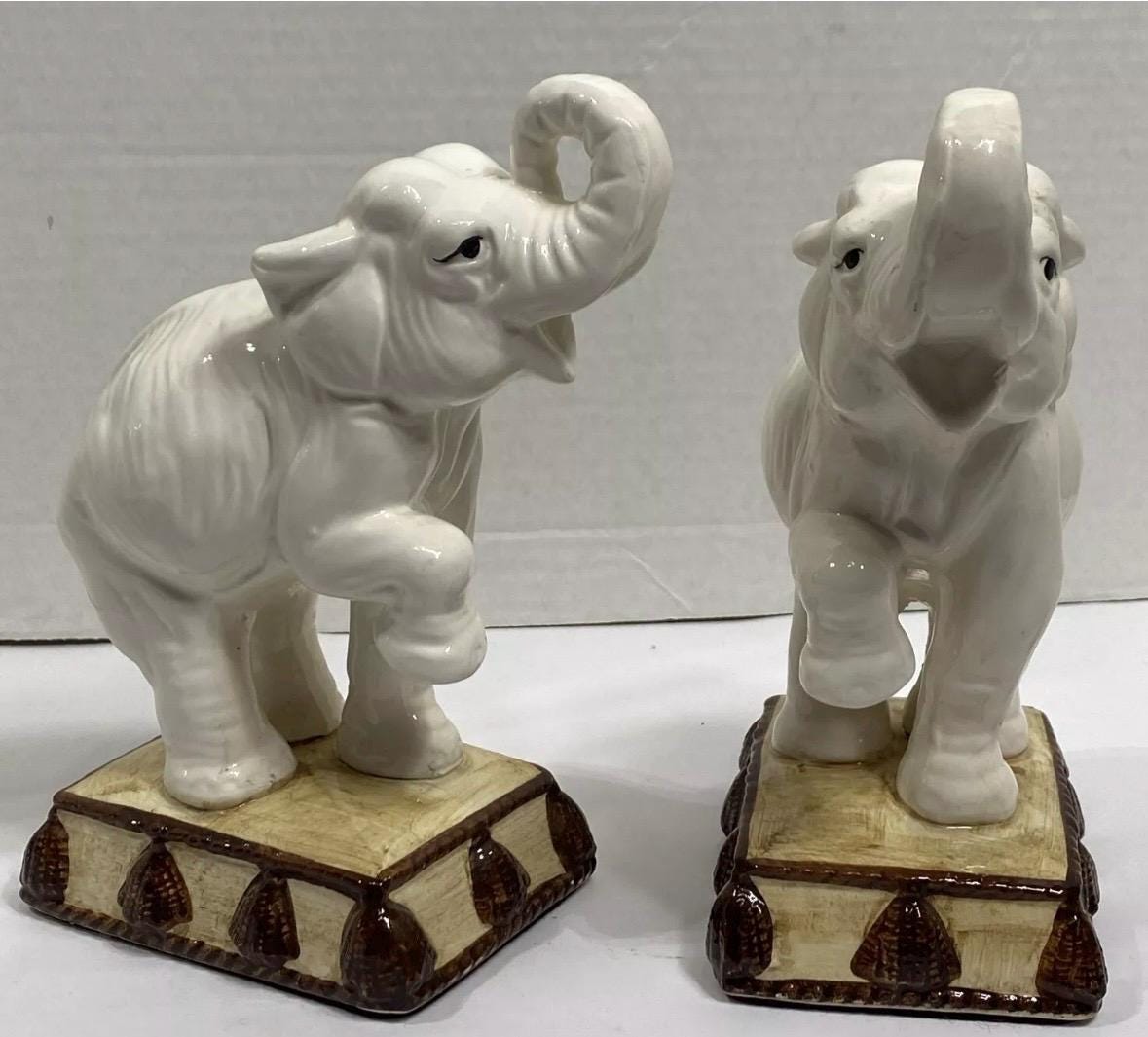 Elephant Bookends Fitz And Floyd White Elephant Book end Elephant Figures MCM Hollywood Regency Trunk up elephants