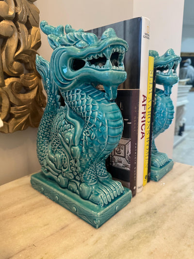 Dragon Figures Book Ends pair of ceramic MCM Dragons Turquoise Dragons