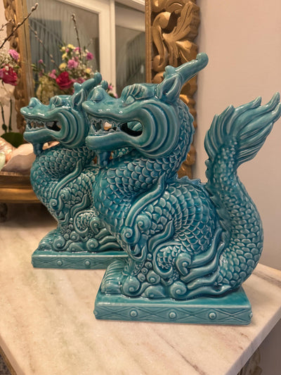 Dragon Figures Book Ends pair of ceramic MCM Dragons Turquoise Dragons