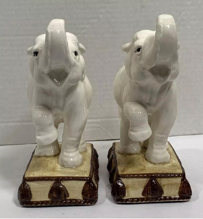 Elephant Bookends Fitz And Floyd White Elephant Book end Elephant Figures MCM Hollywood Regency Trunk up elephants
