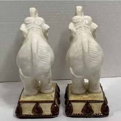 Elephant Bookends Fitz And Floyd White Elephant Book end Elephant Figures MCM Hollywood Regency Trunk up elephants