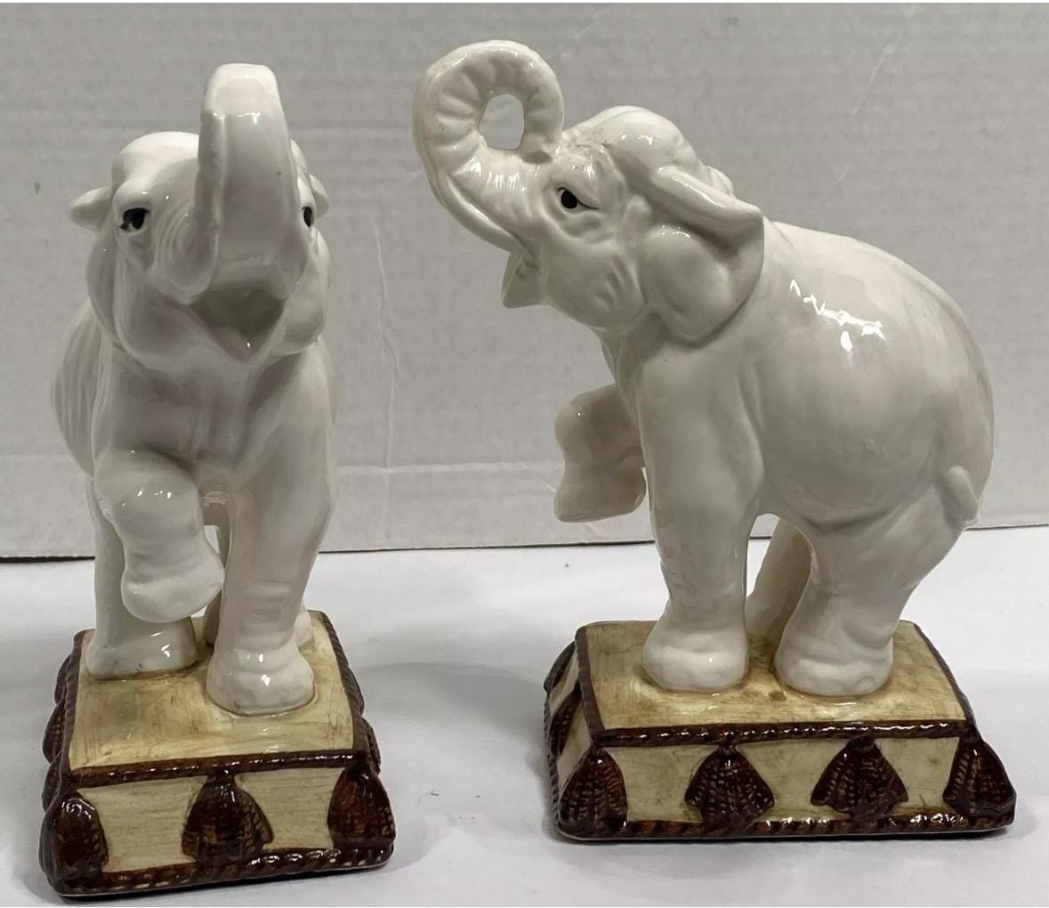 Elephant Bookends Fitz And Floyd White Elephant Book end Elephant Figures MCM Hollywood Regency Trunk up elephants