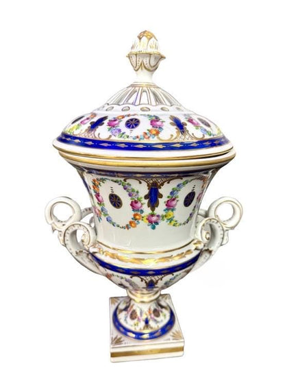 Dresden Vase Urn Floral lidded vase with handles Floral porcelain vase