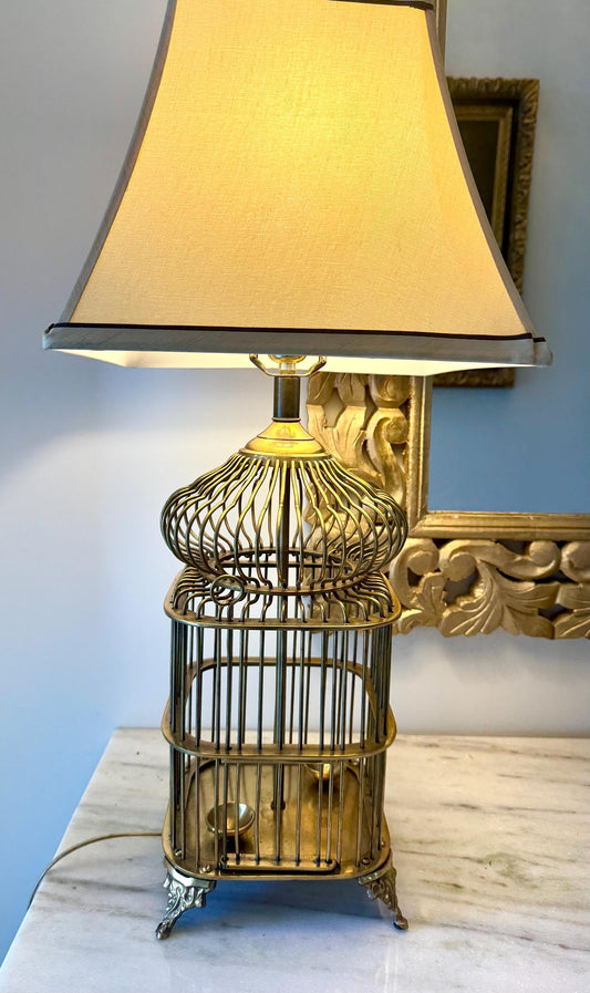 Brass Pagoda Lamp Hollywood Regency Style by Century Brass Bird Cage Pagoda Lamp with silk shade
