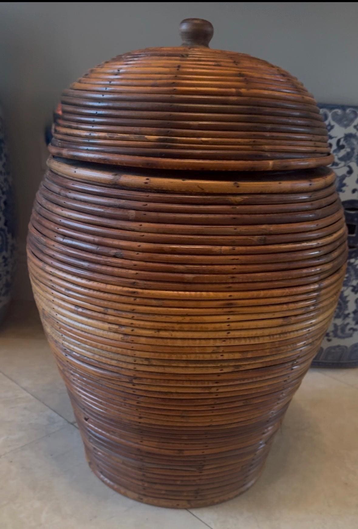 pencil reed floor vase basket lidded jar wood lined 1970