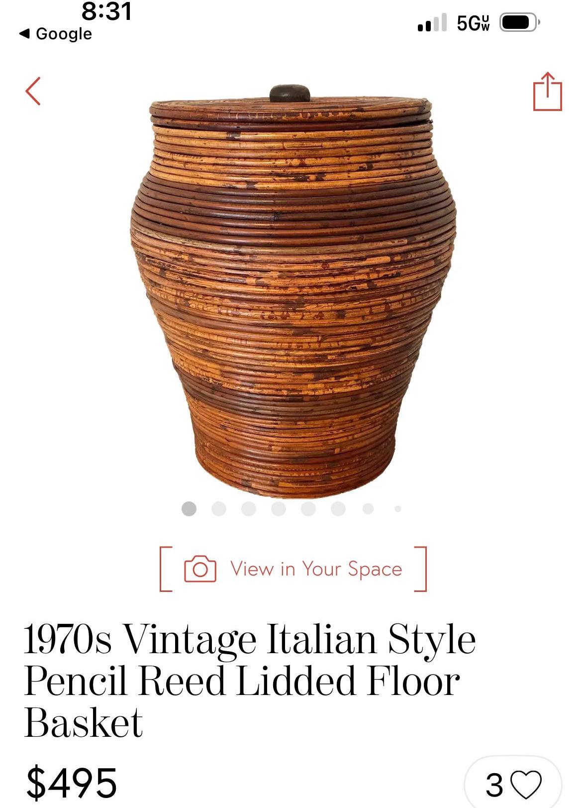 pencil reed floor vase basket lidded jar wood lined 1970