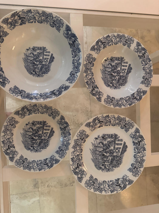 Coaching Taverns Dinner Plates, salad plate and bowls and serving piece Staffordshire England China porcelain blue carriage horse dish set
