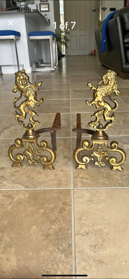 Lion Brass fireplace Andirons By English Bellows RI fire place