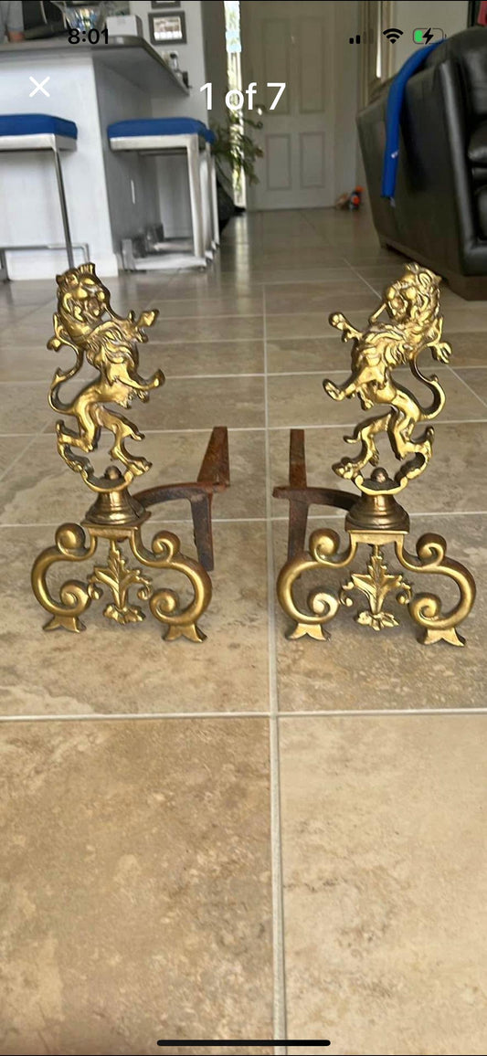 Lion Brass fireplace Andirons By English Bellows RI fire place
