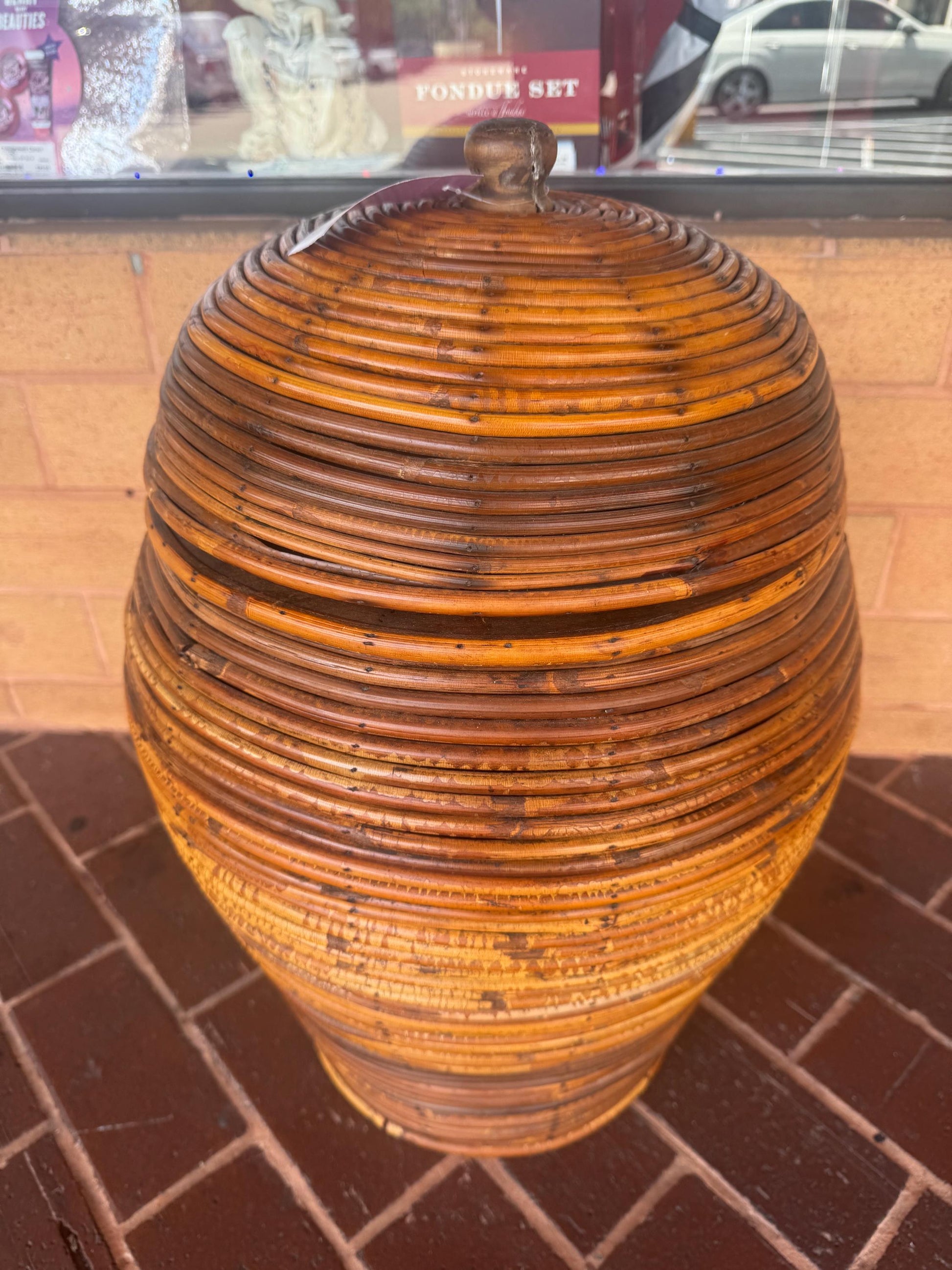 pencil reed floor vase basket lidded jar wood lined 1970