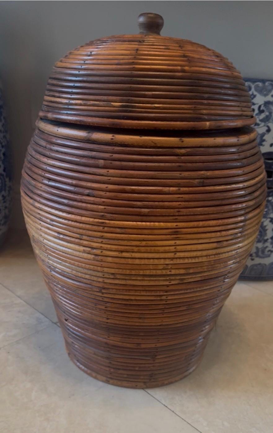 pencil reed floor vase basket lidded jar wood lined 1970